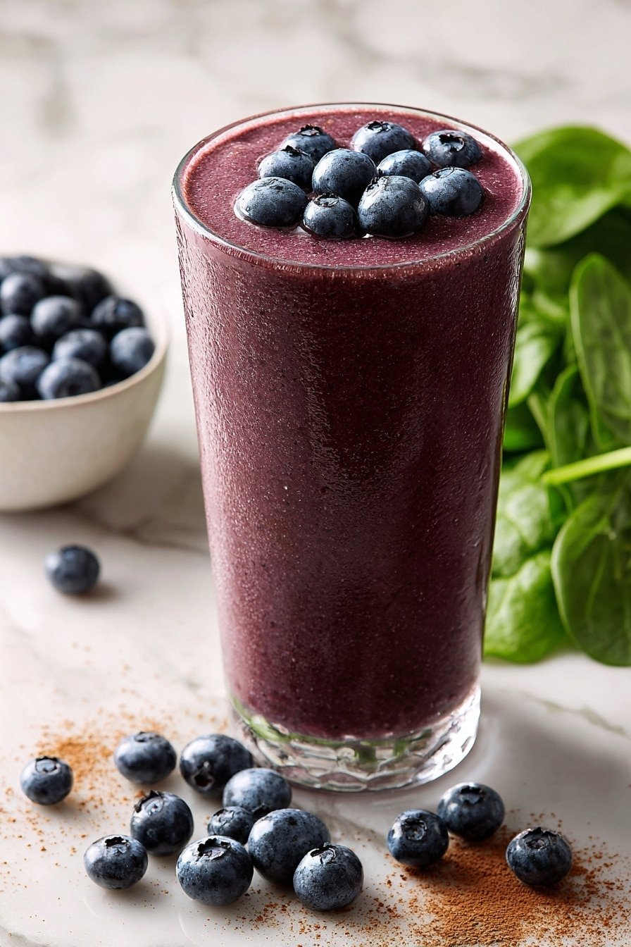 A tall clear glass filled with a thick dark purple smoothie with small texture bits inside, topped with a small bunch of fresh blueberries and a few bright green spinach leaves near the back. A silver spoon pokes out from the right side of the glass. The glass sits on a white plate that has scattered loose blueberries and a few spinach leaves around it on a white marbled surface. In the blurred background, there is a wooden bowl filled with blueberries and a light beige cloth on the right side. photo taken with an iphone --ar 2:3 --v 7 — Healthy Spinach Blueberry Smoothie, nutritious green smoothie, easy healthy smoothie, blueberry spinach smoothie recipe, quick breakfast smoothie
