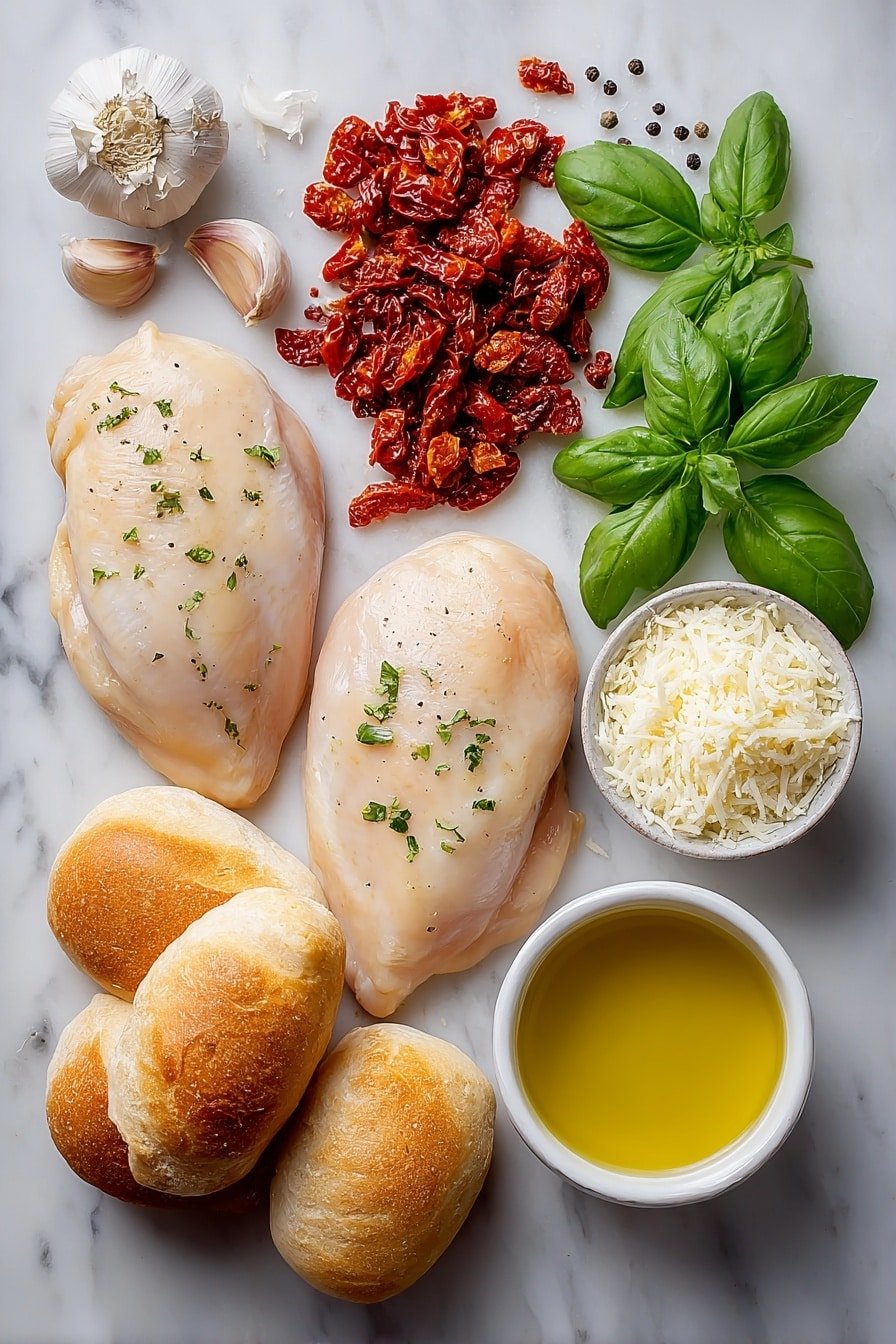 Creamy Sun-Dried Tomato Chicken Sandwich Recipe - Ingredients Image — Creamy Sun-Dried Tomato Chicken Sandwich, easy chicken sandwich recipes, gourmet lunch ideas, flavorful chicken sandwiches, sun-dried tomato chicken