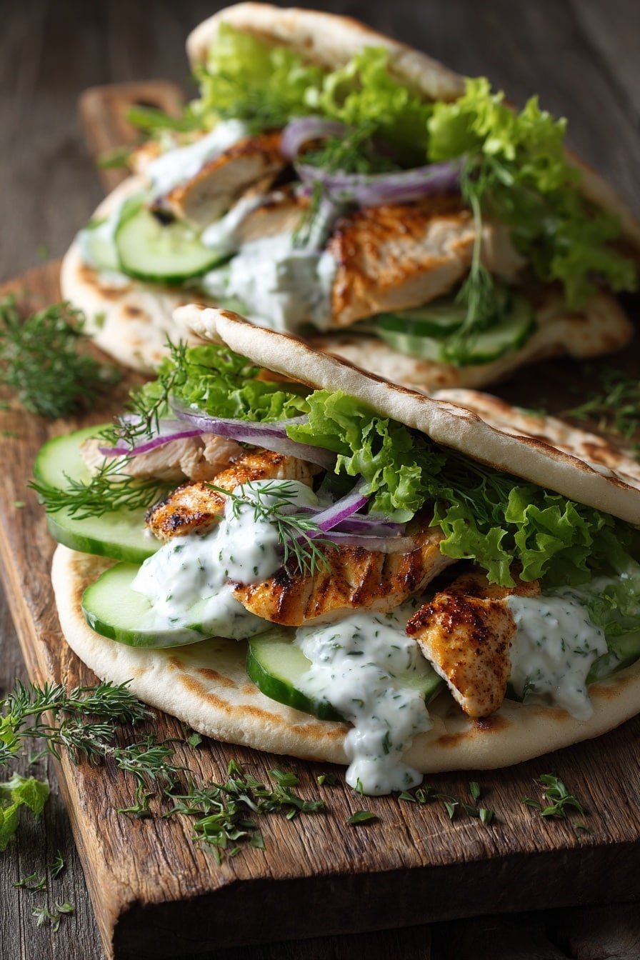 Sheet Pan Chicken Pitas with Tzatziki Recipe - Article Image 1 — Sheet Pan Chicken Pitas with Tzatziki, Mediterranean chicken pita, easy Greek chicken dinner, quick pita meal, healthy roasted chicken pita