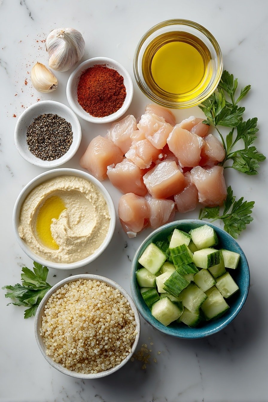 Spicy Garlic Chicken Bowl with Hummus Recipe - Ingredients Image — Spicy Garlic Chicken Bowl with Hummus, spicy chicken bowl, quick healthy lunch recipes, hummus bowl ideas, flavorful chicken bowls