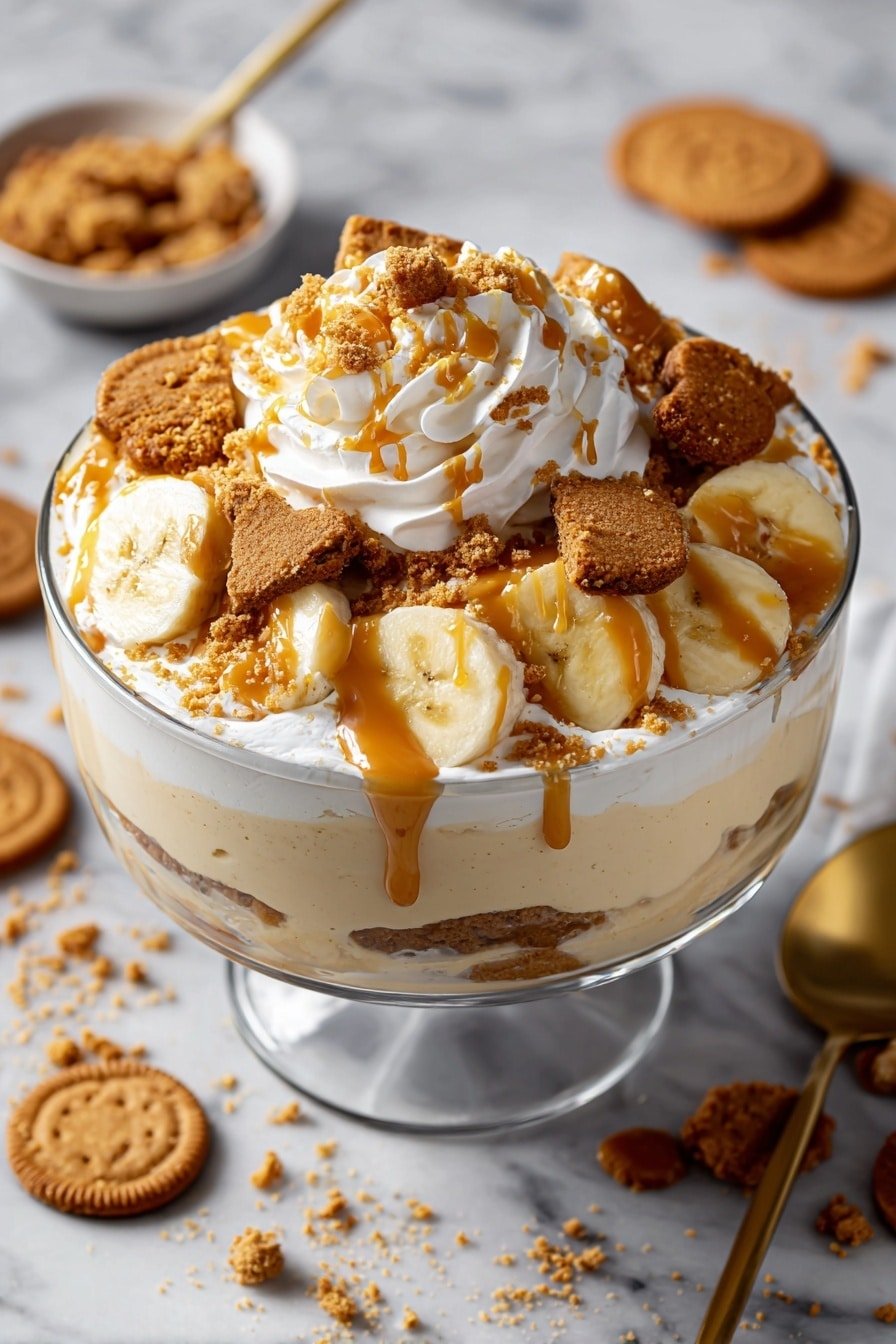 Biscoff Banana Pudding with Caramel Recipe - Article Image 1 — Biscoff Banana Pudding with Caramel, banana pudding with caramel and Biscoff, comforting banana dessert with caramel, layered banana pudding recipe, easy Biscoff banana dessert