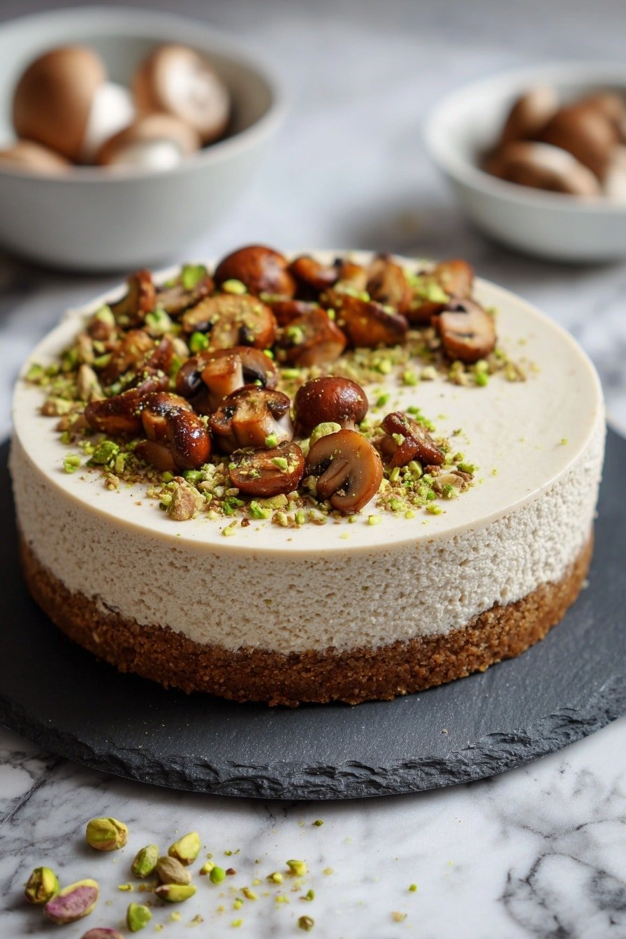 Pistachio Mushroom Cheesecake Recipe - Article Image 2 — Pistachio Mushroom Cheesecake, savory cheesecake with mushrooms, pistachio crust recipe, mushroom and feta cheesecake, gourmet savory cheesecake