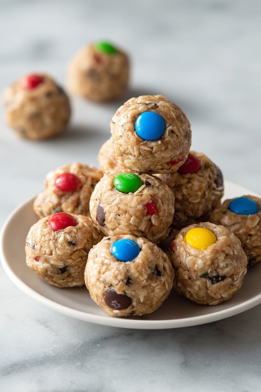 Monster Cookie Energy Balls Recipe - Article Image 1 — Monster Cookie Energy Balls, no-bake energy balls, healthy snack ideas, easy energy bites, peanut butter M&M treats