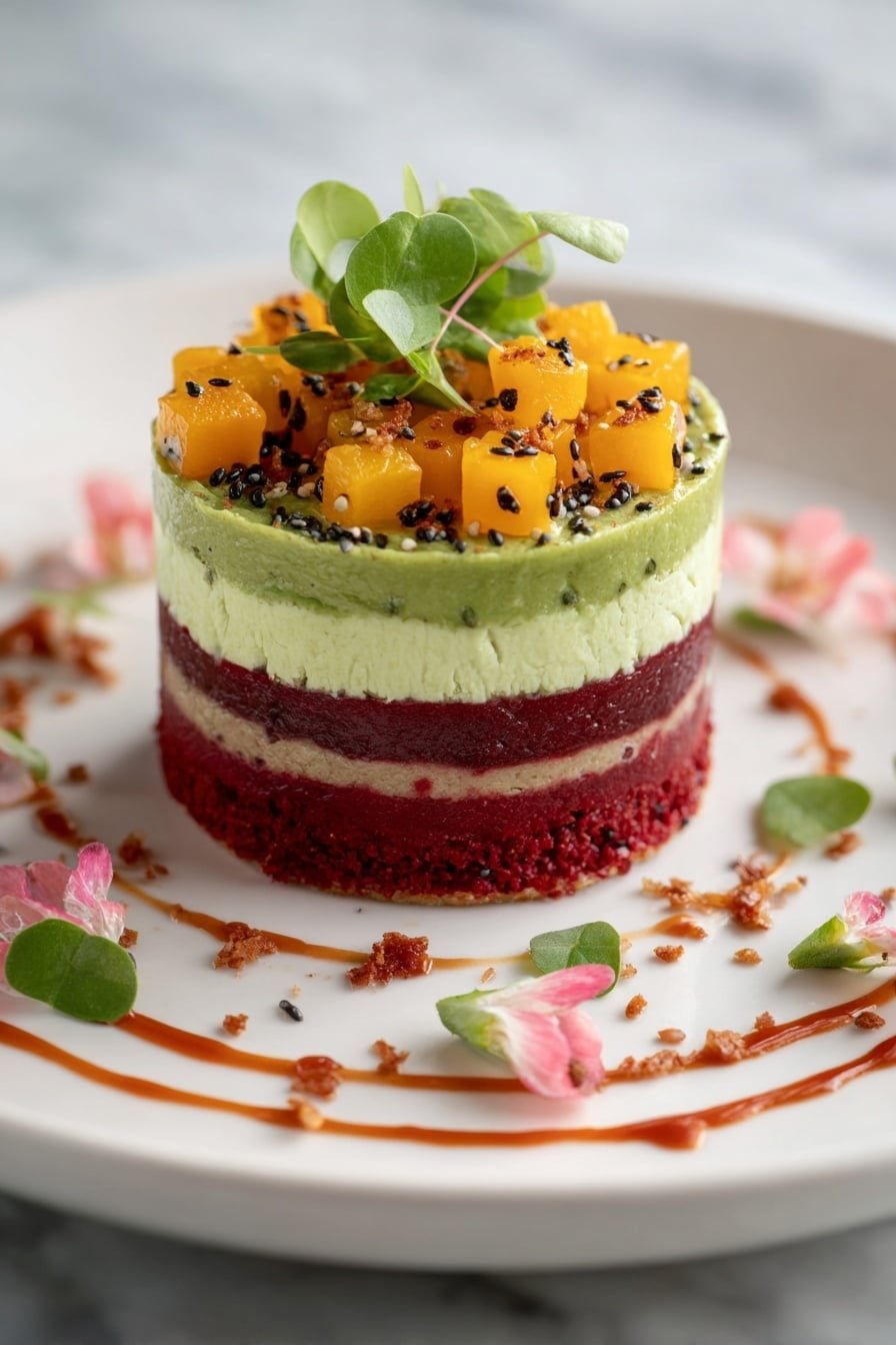 Beet Mango Avocado Tartare Stack Recipe - Article Image 1 — Beet Mango Avocado Tartare Stack Recipe, healthy vegetarian tartare, vibrant fruit and vegetable appetizer, easy elegant starter, colorful vegan tartare