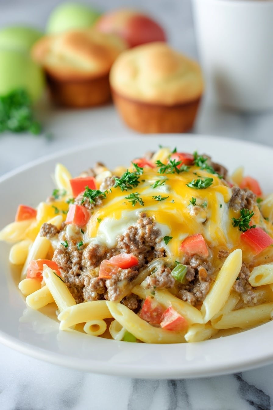 Creamy Cheeseburger Alfredo Pasta Recipe - Article Image 2 — Creamy Cheeseburger Alfredo Pasta, cheeseburger pasta recipe, creamy pasta with ground beef, quick cheesy pasta dinner, comforting weeknight pasta