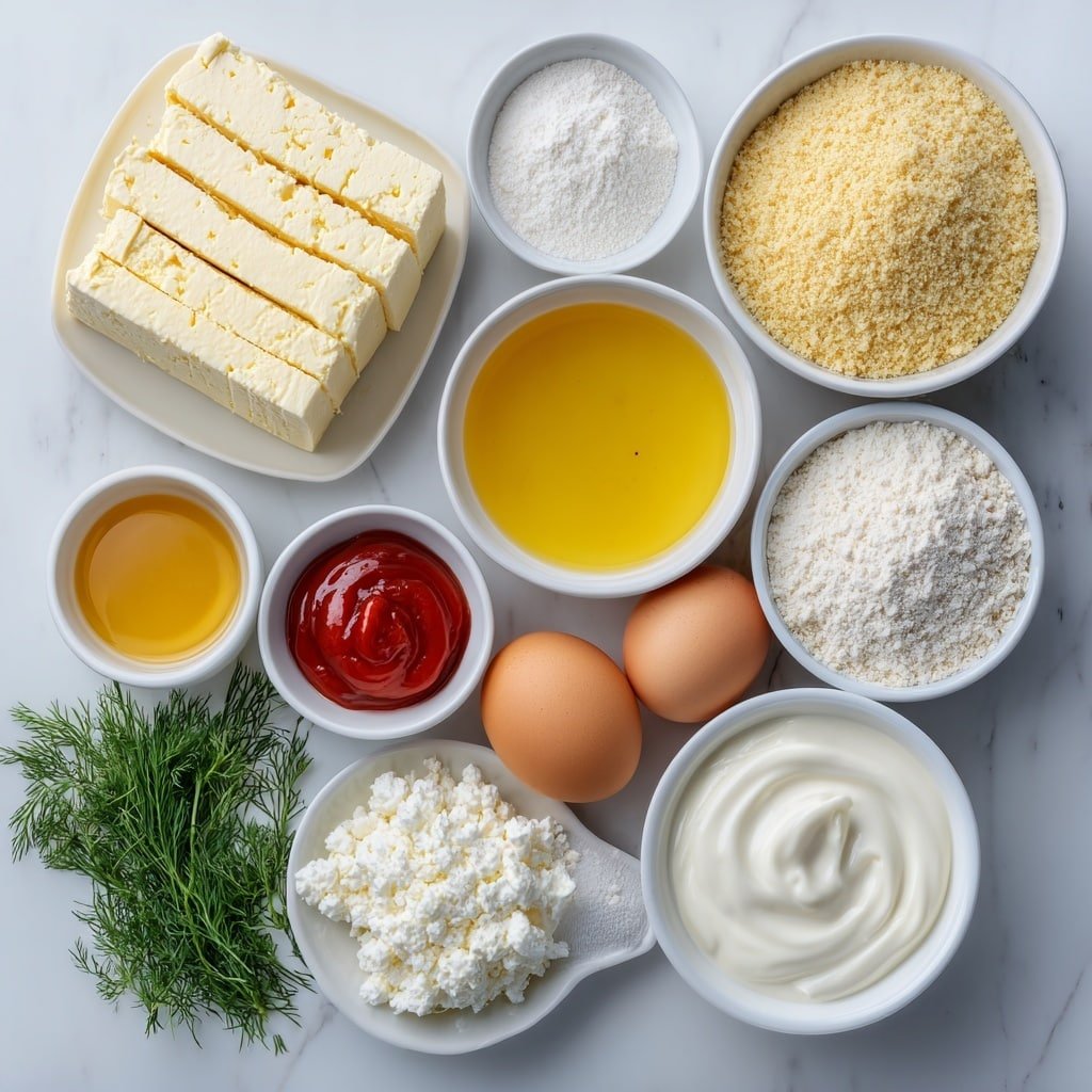 Flat lay of a block of extra firm tofu sliced into strips, a small mound of fine kosher salt, a small white bowl of pale corn starch, a small white bowl of light beige plain breadcrumbs, a small white bowl of golden panko breadcrumbs, a small white bowl filled with creamy plant-based milk, two whole uncracked brown eggs, a small white bowl of rich golden olive oil, a small white bowl containing bright red Frank’s hot sauce, a small white bowl with pale yellow unsalted butter, a small white bowl of glossy amber honey, a small white bowl of thick white sour cream, a small white bowl of mixed fresh herb sprigs including dill, chives, basil, and parsley, a small white bowl of pale yellow lemon juice, alongside small piles of white garlic powder and onion powder, all arranged symmetrically on a clean white ceramic surface, placed on a clean white marble surface, soft natural light, photo taken with an iPhone, professional food photography style, fresh ingredients, white ceramic bowls, no bottles, no duplicates, no utensils, no packaging --ar 1:1 --v 7 --p m7354639359234015250 — Crispy Buffalo Tofu with Herby Ranch, buffalo tofu recipe, spicy vegan tofu, baked buffalo tofu, easy plant-based appetizer