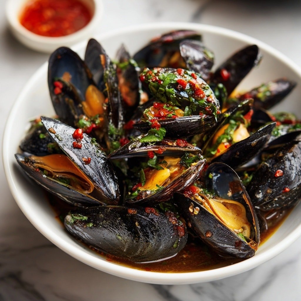A white bowl is filled with many cooked mussels, each open to show the orange-yellow flesh inside. The mussels' shells are dark and shiny, with a wet, glossy look. Some shells have a light brown strip inside. Red chili sauce and small bits of green herbs are spread over the mussels, adding bright red and green colors on top and around the shell edges. The bowl sits on a white marbled surface, and in the background, there is a blurry hint of red sauce in a small dish. Photo taken with an iphone --ar 1:1 --v 7 — Sweet Chilli Marinated Mussels, Mussels with Sweet Chilli Sauce, Easy Seafood Appetizer, Spicy Marinade for Mussels, Marinated Mussels Recipe