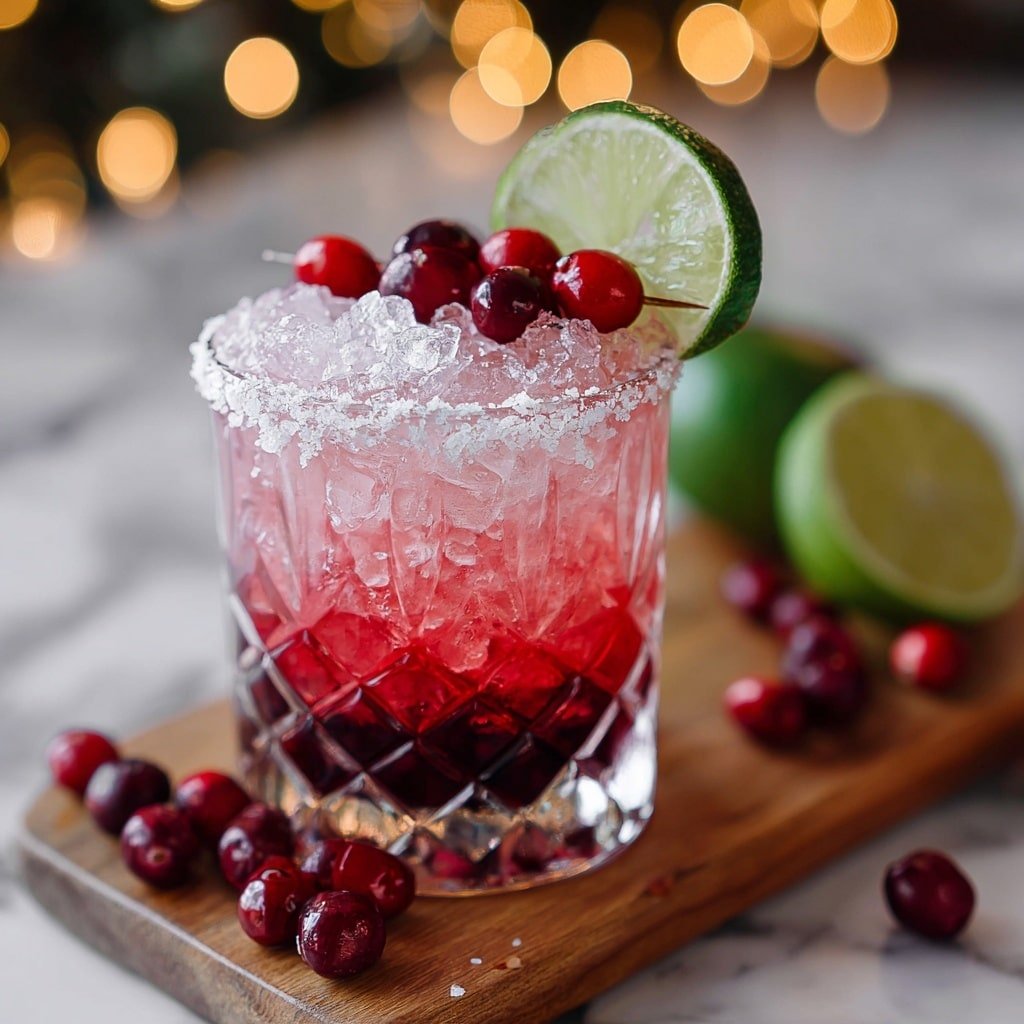 A tall clear glass filled with bright red crushed ice and red cranberries mixed throughout the drink, topped with more crushed ice, several cranberries, and a small sprig of green rosemary on the left side. A fresh green lime slice is placed on the right rim of the glass. The glass sits on a wooden board with scattered red cranberries around it and a lime half in the blurred background. The surface is a white marbled texture and warm golden bokeh lights softly shine in the dark background. Photo taken with an iphone --ar 1:1 --v 7 — Cranberry Vanilla Mocktail, festive mocktail recipes, holiday non-alcoholic drinks, easy mocktail ideas, cranberry vanilla drink