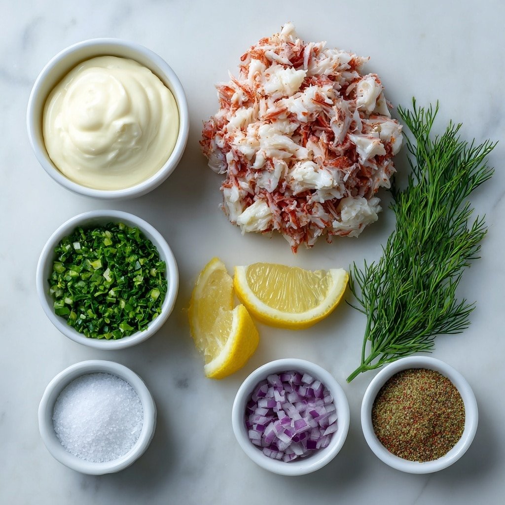 Flat lay of a mound of fresh, bright red and white imitation crab meat pieces, a small pile of finely chopped pale green celery, a few scattered finely chopped vibrant purple-red onion bits, a small white ceramic bowl with creamy white mayonnaise, a small white ceramic bowl with fresh lemon wedges, a small white ceramic bowl holding finely chopped fresh green dill sprigs, another small white ceramic bowl containing a mix of coarse Old Bay seasoning, a small white ceramic bowl with fine white salt crystals, and a small white ceramic bowl with freshly ground black peppercorns, all arranged in perfect symmetry on a clean white marble surface, soft natural light, photo taken with an iPhone, professional food photography style, fresh ingredients, white ceramic bowls, no bottles, no duplicates, no utensils, no packaging --ar 1:1 --v 7 --p m7354639359234015250 — Crab Seafood Salad with Lemon Dill Dressing, seafood salad recipes, easy crab salad, fresh seafood salad ideas, lemon dill dressing recipes