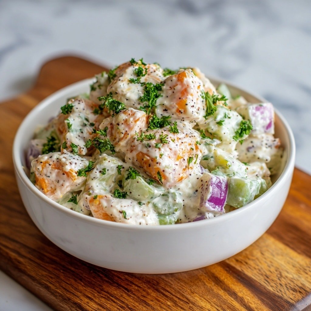 A white bowl filled with a creamy salad made of large pieces of crab sticks with bright orange and white stripes, mixed with chunks of light green celery, all coated in a thick white dressing speckled with black pepper. Small bits of fresh green parsley are sprinkled on top, adding a fresh touch. The bowl is placed on a white marbled surface with a blurred green plant in the background. Photo taken with an iphone --ar 1:1 --v 7 — Crab Seafood Salad with Lemon Dill Dressing, seafood salad recipes, easy crab salad, fresh seafood salad ideas, lemon dill dressing recipes