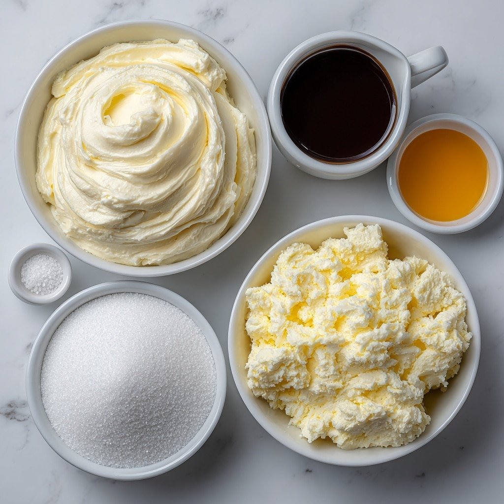 Flat lay of a small white ceramic bowl of creamy heavy cream, a small white bowl filled with dark brewed strong coffee, a small white bowl with fine white sugar, a small white bowl of cold clear water with a scattering of pale gelatin powder on top, a small white bowl of golden vanilla extract, and a small pinch of fine white salt grains on the surface, all arranged in perfect symmetry and balanced proportions, placed on a clean white marble surface, soft natural light, photo taken with an iPhone, professional food photography style, fresh ingredients, white ceramic bowls, no bottles, no duplicates, no utensils, no packaging --ar 1:1 --v 7 --p m7354639359234015250 — Coffee Panna Cotta Recipe, coffee dessert ideas, easy panna cotta, creamy coffee panna cotta, coffee dessert recipes