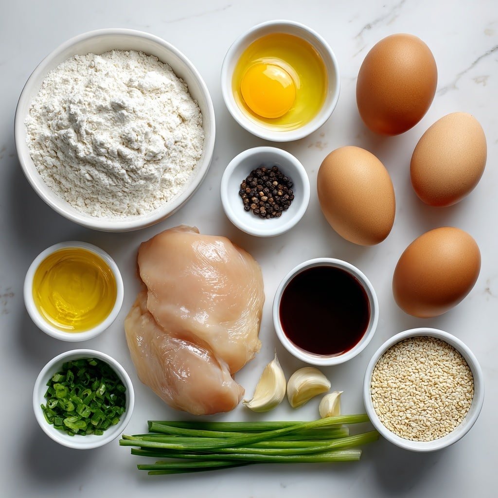 Flat lay of fresh raw boneless skinless chicken breast pieces, two whole uncracked large brown eggs, a small white bowl of all-purpose flour, a small white bowl of cornstarch, a small white bowl of salt crystals, a small white bowl of whole black peppercorns, two fresh garlic cloves, a small white bowl of golden honey, a small white bowl of dark soy sauce, a small white bowl of clear rice vinegar, a small white bowl of amber sesame oil, a small white bowl with a white cornstarch slurry (cornstarch mixed with water), a small white bowl filled with white sesame seeds, a small pile of chopped fresh green onions, all arranged with perfect symmetry and realistic proportions on a clean white marble surface, soft natural light, photo taken with an iPhone, professional food photography style, fresh ingredients, white ceramic bowls, no bottles, no duplicates, no utensils, no packaging --ar 1:1 --v 7 --p m7354639359234015250 — Crispy Sesame Chicken with Sticky Sauce, sesame chicken recipe, easy crispy chicken dinner, quick Chinese chicken recipe, comforting sesame chicken dish