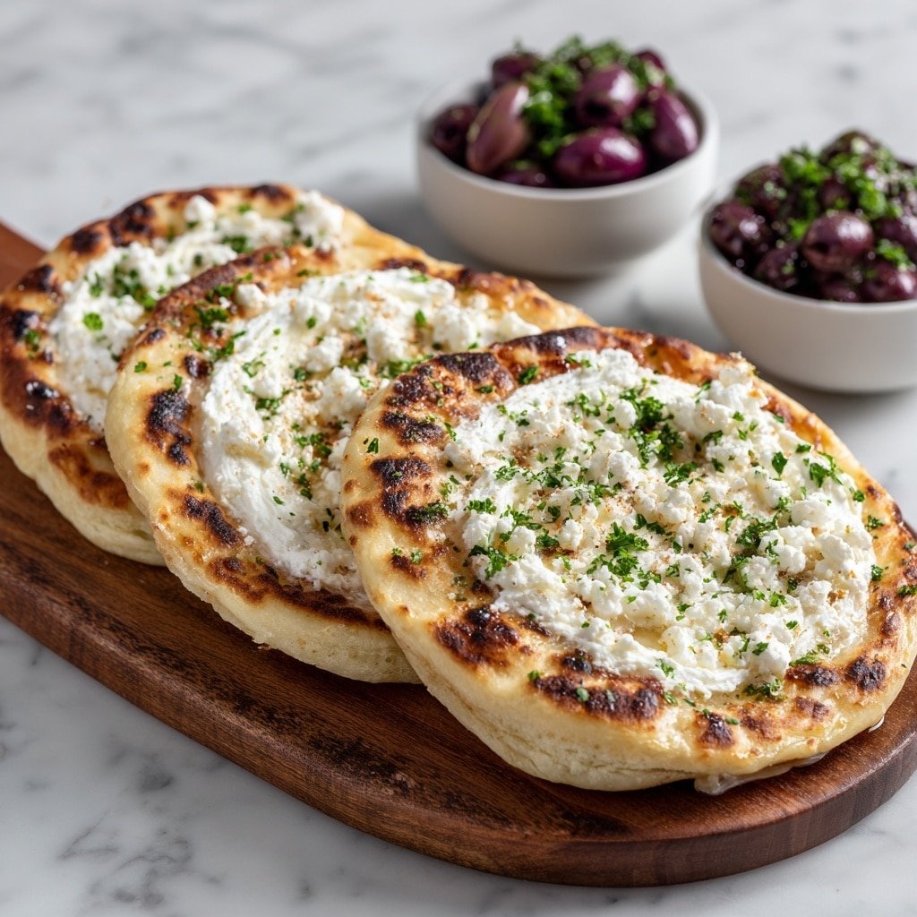 The dish shows three flatbreads with a golden-brown, slightly charred texture stacked on a wooden board with the flatbreads placed side by side. Each flatbread is topped with a thick layer of soft white cream cheese in the center, sprinkled with small crumbles of white cheese and chopped green herbs. In the background, there are two small white bowls filled with dark purple and black olives, also garnished with green herbs. The wooden board rests on a white marbled surface. photo taken with an iphone --ar 1:1 --v 7 — Zaatar Naan with Whipped Feta and Olives, Zaatar Naan, Whipped Feta Dip, Mediterranean Flatbread, Easy Appetizer with Olives and Spices