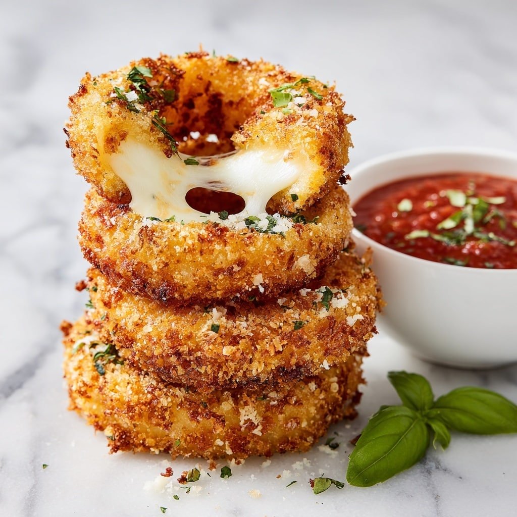 Cheesy Mozzarella Onion Ring Bites Recipe - Article Image 1 — Cheesy Mozzarella Onion Ring Bites, onion ring appetizer, cheesy snack recipe, crispy onion rings, cheesy appetizer ideas