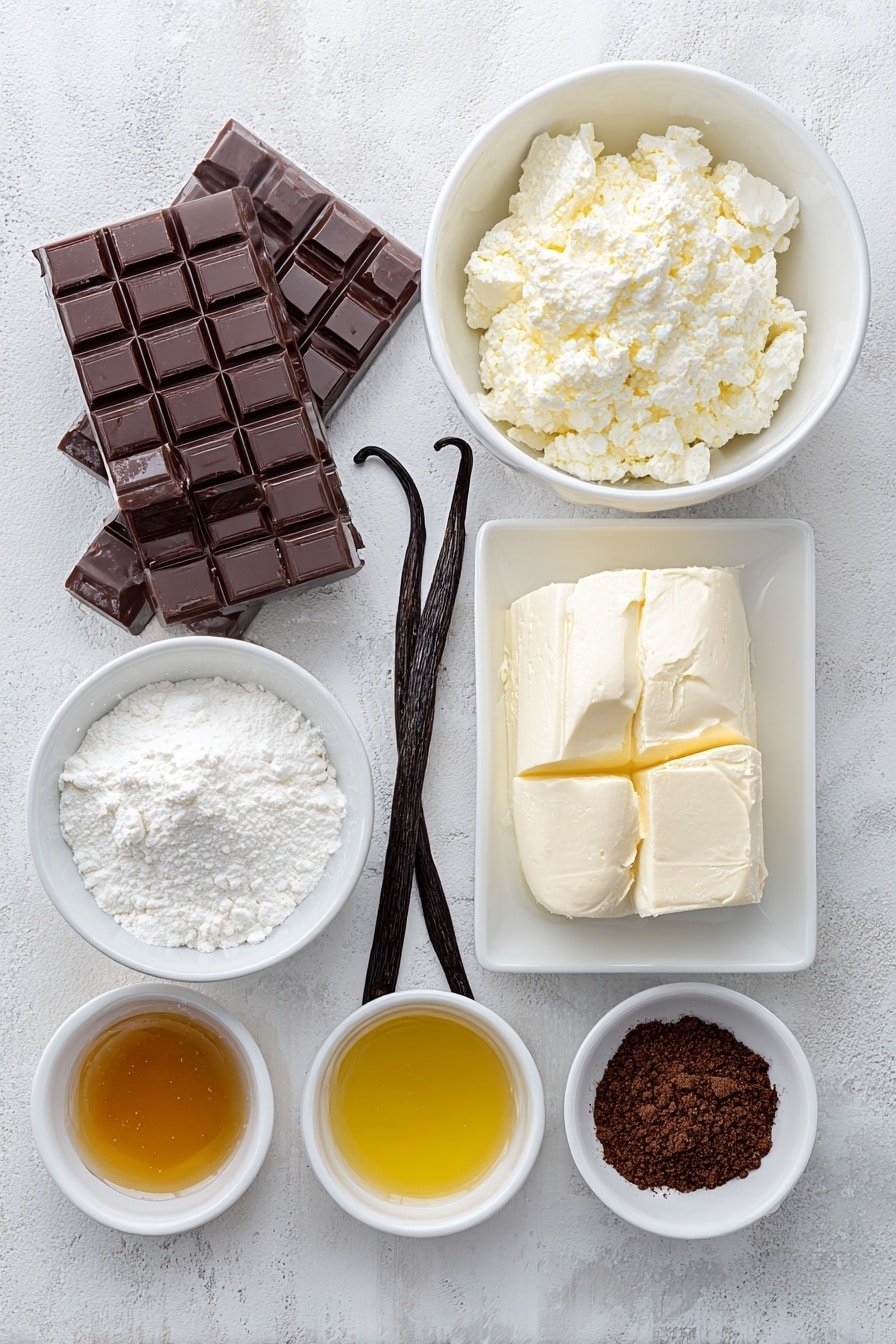 Flat lay of fresh silken tofu block with a smooth creamy texture, a few large chunks of rich dark chocolate squares (70% cocoa), a small white bowl of glossy amber maple syrup, a small white bowl filled with fine dark cocoa powder, a fresh vanilla bean pod alongside a small white bowl of clear vanilla extract, and a small white bowl holding golden agave nectar spooned neatly, all arranged in perfect symmetry on a clean white ceramic surface, placed on a clean white marble surface, soft natural light, photo taken with an iPhone, professional food photography style, fresh ingredients, white ceramic bowls, no bottles, no duplicates, no utensils, no packaging --ar 2:3 --v 7 --p m7354639359234015250 — Vegan Chocolate Mousse Cake, dairy-free chocolate dessert, plant-based mousse cake, vegan chocolate cake, easy vegan dessert