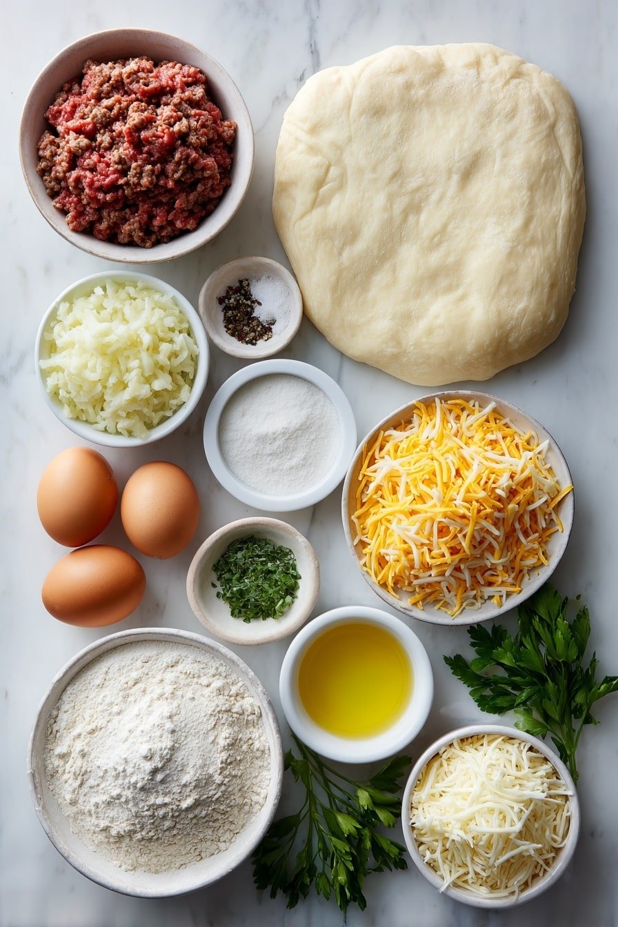 Flat lay of fresh raw ground beef shaped loosely in a mound, a small yellow onion whole and unpeeled next to it, two whole uncracked brown eggs with smooth shells, a small white ceramic bowl filled with shredded orange cheddar cheese, another small white bowl with shredded white mozzarella cheese, a single sheet of pale creamy pizza dough neatly rolled and circular, a small white bowl containing softened golden butter, two whole cloves of garlic unpeeled alongside a small pile of minced garlic, a small white bowl with bright green chopped fresh parsley, and a small white bowl holding fine white garlic powder, all arranged symmetrically with balanced spacing, placed on a clean white marble surface, soft natural light, photo taken with an iPhone, professional food photography style, fresh ingredients, white ceramic bowls, no bottles, no duplicates, no utensils, no packaging --ar 2:3 --v 7 --p m7354639359234015250 — Garlic Butter Cheeseburger Rollups, cheeseburger rollups, savory stuffed rollups, easy beef appetizers, cheesy burger bites
