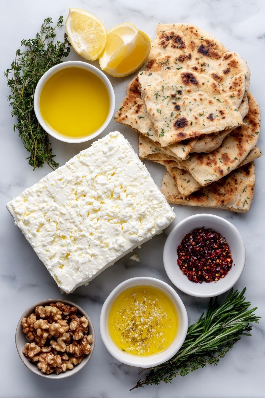 Flat lay of a whole block of fresh white feta cheese, a small white bowl of golden olive oil, a small white bowl filled with thick amber honey, a small white bowl containing bright red chili flakes, a small white bowl with fresh yellow lemon juice, a small white bowl of roughly chopped toasted walnuts, a few sprigs of fresh green thyme and rosemary, a small white bowl of cracked black pepper, and a stack of warm, rustic flatbreads arranged in a simple white ceramic plate, placed on a clean white marble surface, soft natural light, photo taken with an iPhone, professional food photography style, fresh ingredients, white ceramic bowls, no bottles, no duplicates, no utensils, no packaging --ar 2:3 --v 7 --p m7354639359234015250 — Caramelized Feta with Chili-Honey, easy feta appetizer, honey glazed feta recipe, savory feta cheese dish, sweet spicy feta snack