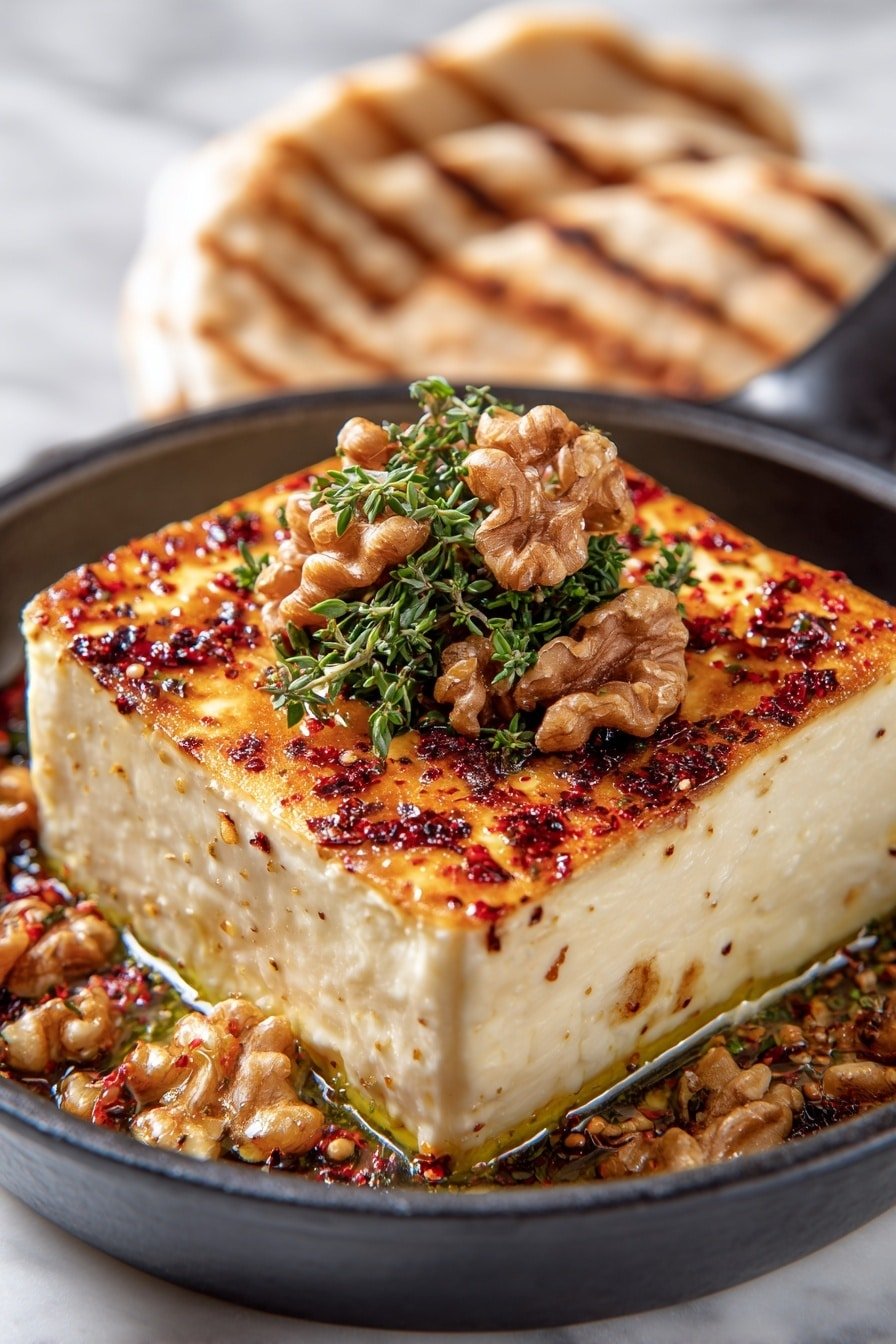 A pan holds a single block of white cheese with a golden-brown crust on top, covered with a layer of red chili flakes and oil. Scattered around and on top of the cheese are many brown walnuts with rough textures. A small bunch of green thyme with delicate leaves rests on the cheese. The black pan contrasts with the white marbled surface below, and in the background, a white plate has soft beige flatbreads stacked on it, slightly out of focus. The whole scene shows warm and rich colors with a mix of smooth, crunchy, and oily textures, photo taken with an iphone --ar 2:3 --v 7 — Caramelized Feta with Chili-Honey, easy feta appetizer, honey glazed feta recipe, savory feta cheese dish, sweet spicy feta snack