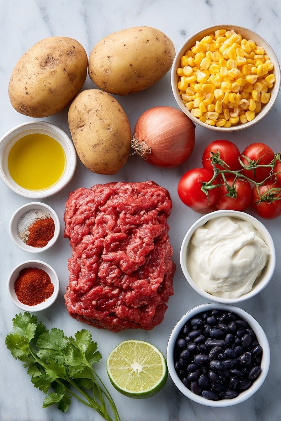 Flat lay of fresh whole russet potatoes with golden skin, a small white bowl of golden canola oil, a few cloves of peeled garlic, a small white bowl of smoky red paprika powder, a small white bowl of coarse salt, a small white bowl of whole black peppercorns, a handful of bright red raw ground beef formed loosely, a small white bowl of deep red chili powder, a small white bowl of warm brown cumin powder, a few whole red onions with deep purple skin, a handful of shiny black beans, a small white bowl of bright yellow fresh corn kernels, a mound of shredded bright orange cheddar cheese, a cluster of ripe red cherry tomatoes on the vine, a small bunch of vibrant green fresh cilantro leaves with stems, two fresh lime wedges with glossy green skin, a small white bowl of thick creamy sour cream placed on a clean white marble surface, soft natural light, photo taken with an iPhone, professional food photography style, fresh ingredients, white ceramic bowls, no bottles, no duplicates, no utensils, no packaging --ar 2:3 --v 7 --p m7354639359234015250 — Loaded Potato Taco Bowl, Loaded Potato Taco Bowl recipe, potato taco bowl ideas, Mexican-inspired potato bowls, easy loaded potato bowls