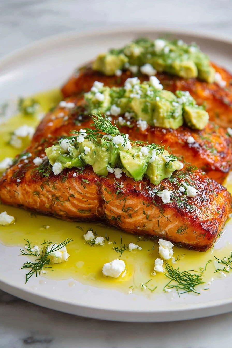 Three cooked salmon fillets are arranged on a white plate, each piece having a crispy light brown and orange textured surface with visible herbs sprinkled on top. On each fillet, there is a layer of chunky green avocado pieces mixed with fresh dill, topped with small white cheese crumbles. Around the salmon on the plate, there is a glossy drizzle of yellow-green oil and scattered cheese crumbles and dill sprigs. The plate is set on a white marbled surface. Photo taken with an iphone --ar 2:3 --v 7 — Baked Salmon with Avocado Feta, salmon and avocado recipes, healthy baked salmon, easy seafood dinner, elegant fish recipes