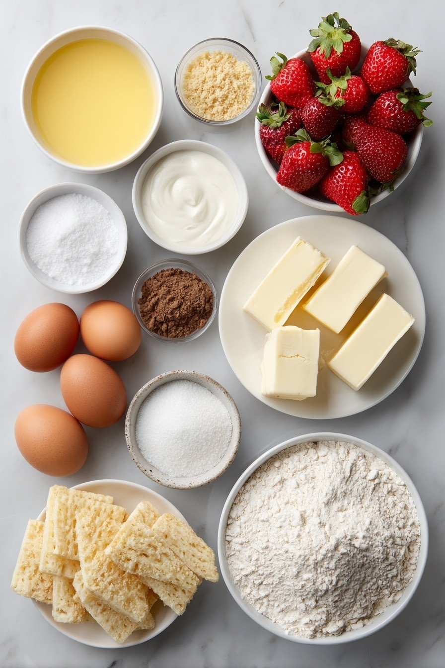 Flat lay of a small pile of crushed golden vanilla wafer crumbs, a small white bowl of melted pale yellow butter, a small white bowl of fine white granulated sugar, a tiny mound of light brown ground cinnamon, three smooth blocks of cream cheese on a simple white ceramic plate, a small white bowl of fine white granulated sugar, a small white bowl of pale off-white all-purpose flour, a small white bowl of clear vanilla extract, a small white bowl of white coarse salt, a small white bowl of creamy white sour cream, four whole brown eggs with clean shells, two whole light brown egg yolks still in shells, two simple white ceramic bowls each with pale yellow instant vanilla pudding mix, a small white bowl of cold whole milk, a white ceramic plate with peeled medium ripe bananas sliced into rounds, a white ceramic plate with extra whole vanilla wafers, a white ceramic plate with a pile of fresh halved and whole bright red strawberries with green leafy tops, a small white bowl with fresh lemon juice, a small white bowl of granulated sugar placed on a clean white marble surface, soft natural light, photo taken with an iPhone, professional food photography style, fresh ingredients, white ceramic bowls, no bottles, no duplicates, no utensils, no packaging --ar 2:3 --v 7 --p m7354639359234015250 — Banana Strawberry Cheesecake, banana strawberry dessert, easy cheesecake recipe, fruit cheesecake, no-bake cheesecake