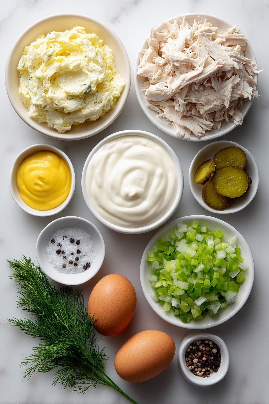 Dill Pickle Chicken Salad Recipe - Ingredients Image — Dill Pickle Chicken Salad, Chicken Salad Recipes, Easy Chicken Salad, Healthy Chicken Salad, Picnic Chicken Salad
