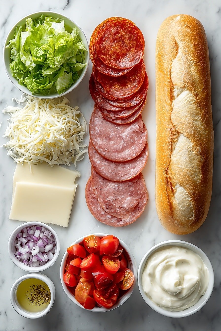 Viral Italian Chop Sandwich Recipe - Ingredients Image — Viral Italian Chop Sandwich, Italian chop sandwich recipe, quick Italian sandwich, easy Italian lunch, homemade Italian sub
