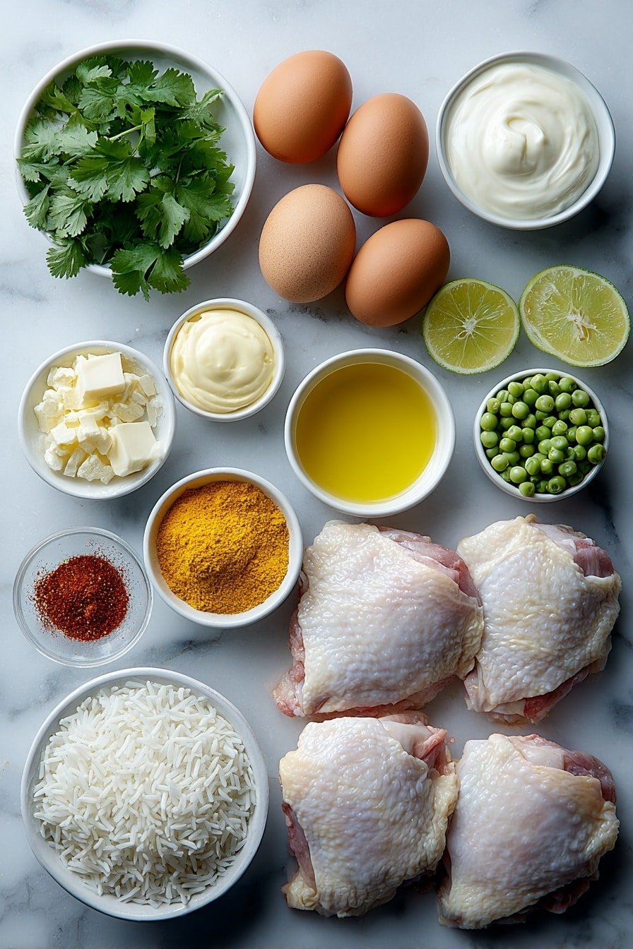 Peruvian Chicken with Green Sauce and Yellow Rice Recipe - Ingredients Image — Peruvian Chicken with Green Sauce and Yellow Rice, Peruvian chicken recipe, green sauce for chicken, yellow rice with turmeric, flavorful Peruvian dish