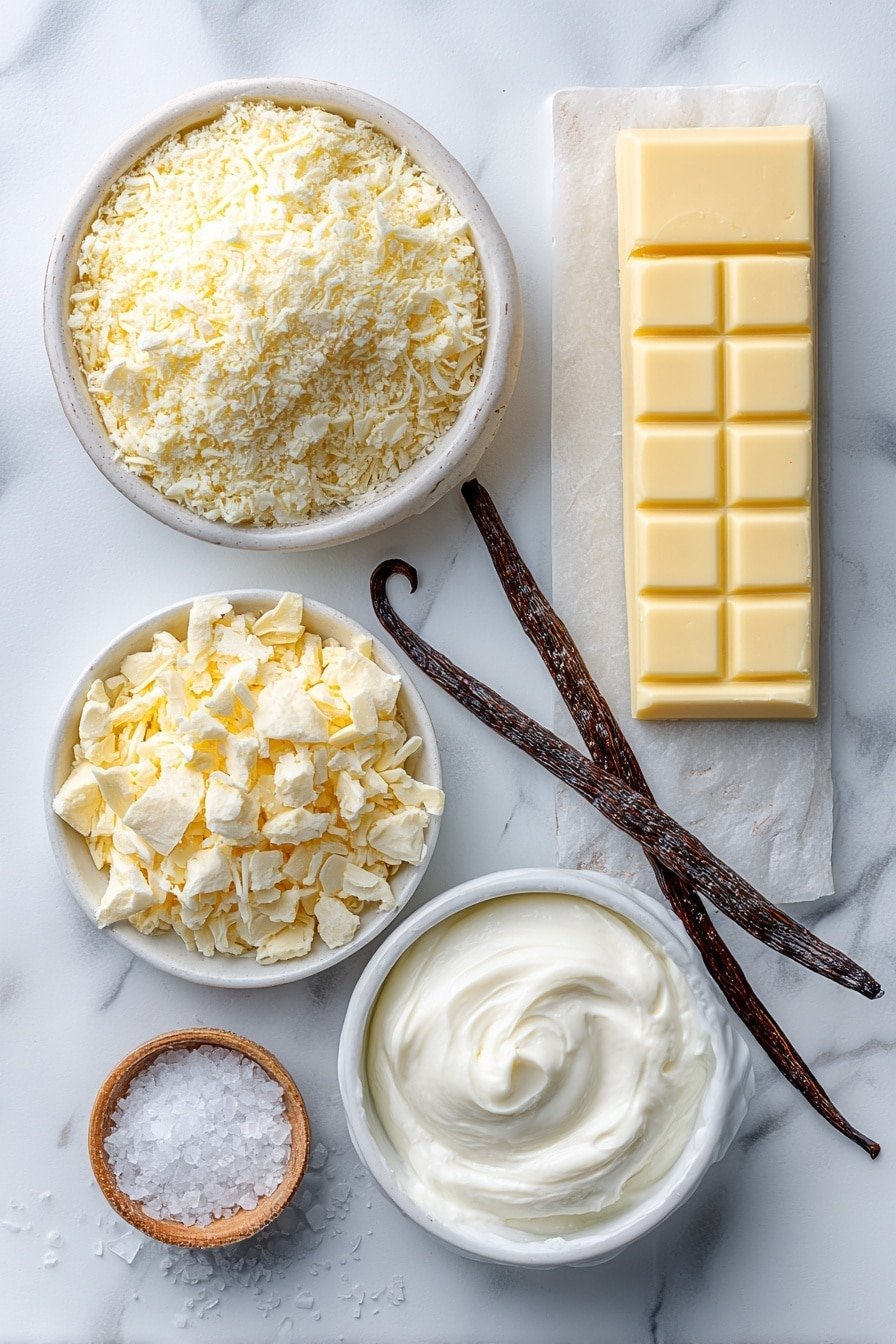White Chocolate Dipping Sauce Recipe - Ingredients Image — White Chocolate Dipping Sauce Vanilla Sea Salt Easy Dessert Sauce Perfect for Fruits and Ice Cream Indulgent White Chocolate Dipping Sauce