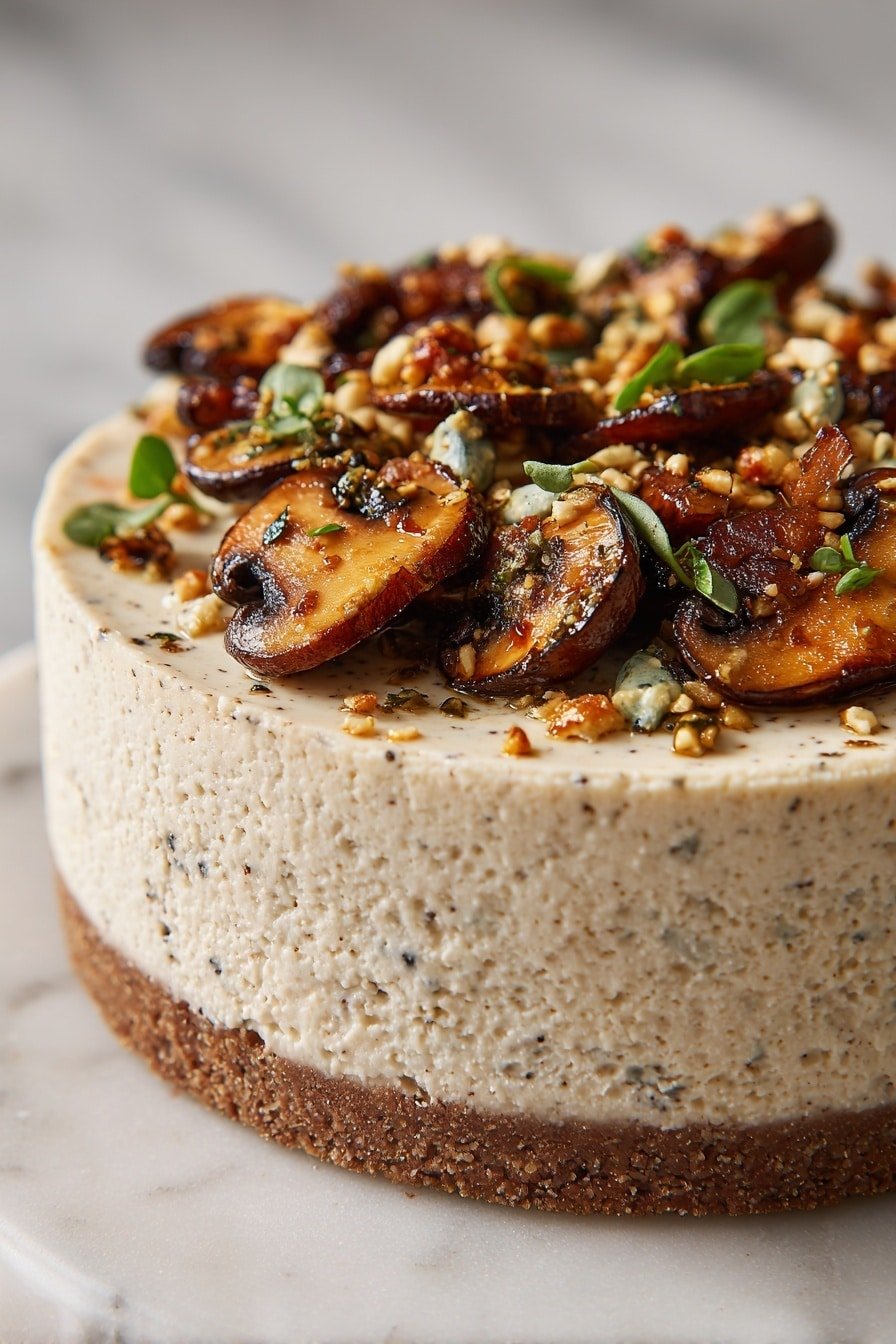 Pistachio Mushroom Cheesecake Recipe - Article Image 1 — Pistachio Mushroom Cheesecake, savory cheesecake with mushrooms, pistachio crust recipe, mushroom and feta cheesecake, gourmet savory cheesecake