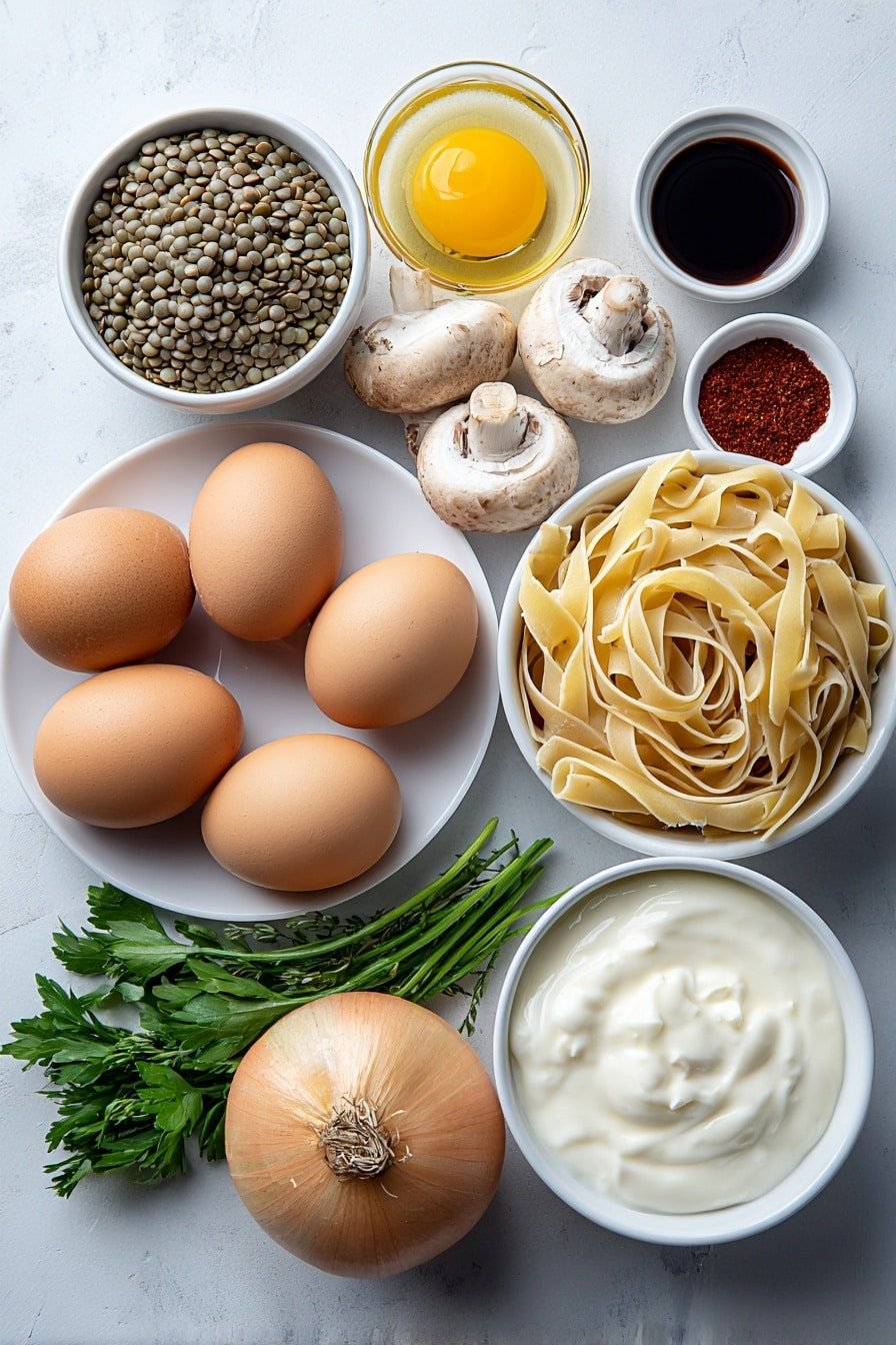 Lentil Mushroom Stroganoff Recipe - Ingredients Image — Lentil Mushroom Stroganoff, plant-based stroganoff recipe, vegan mushroom and lentil dish, hearty mushroom and lentil dinner, creamy vegan stroganoff