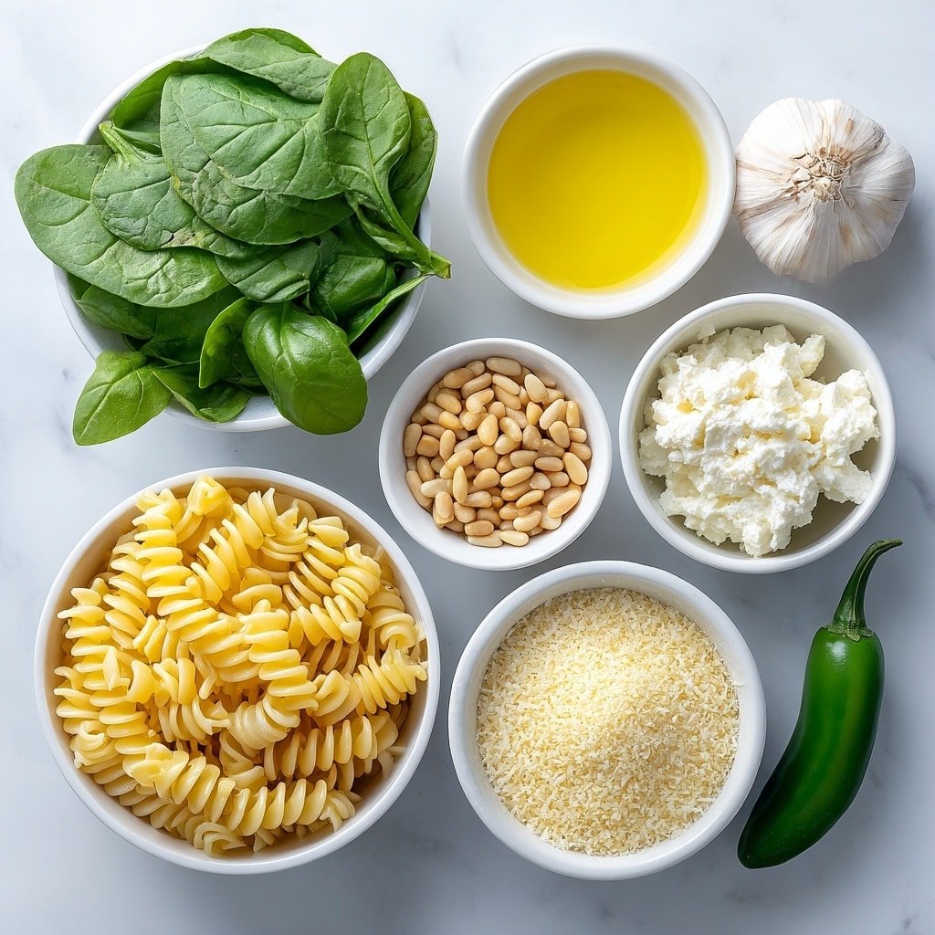 Flat lay of fresh green basil leaves, vibrant baby spinach leaves, a whole jalapeño pepper, a small pile of golden toasted pine nuts, one uncracked garlic clove, finely grated Parmigiano Reggiano in a small white ceramic bowl, a small white bowl of lemon juice, a small white bowl filled with extra virgin olive oil, uncooked Cascatelli pasta, a small white bowl of crumbled stracciatella cheese, finely grated Pecorino Sardo in a small white ceramic bowl, and golden lemon-garlic panko breadcrumbs in a simple white bowl, all arranged with perfect symmetry and balanced proportions, placed on a clean white marble surface, soft natural light, photo taken with an iPhone, professional food photography style, fresh ingredients, white ceramic bowls, no bottles, no duplicates, no utensils, no packaging --ar 1:1 --v 7 --p m7354639359234015250 — Spicy Pesto Cascatelli, spicy pesto pasta, Cascatelli pasta recipe, easy spicy pesto dish, flavorful pasta dinner
