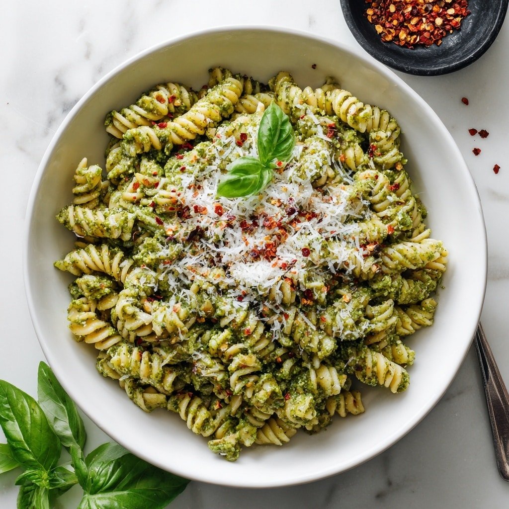 A white bowl filled with spiral pasta covered in green pesto sauce, showing a textured mixture of sauce spread evenly over the pasta. On top, there is a light layer of finely grated white cheese sprinkled with red pepper flakes, adding small red accents. The bowl sits on a white marbled surface with fresh green basil leaves nearby and a small black bowl containing crushed red pepper flakes partially visible in the corner. photo taken with an iphone --ar 1:1 --v 7 — Spicy Pesto Cascatelli, spicy pesto pasta, Cascatelli pasta recipe, easy spicy pesto dish, flavorful pasta dinner