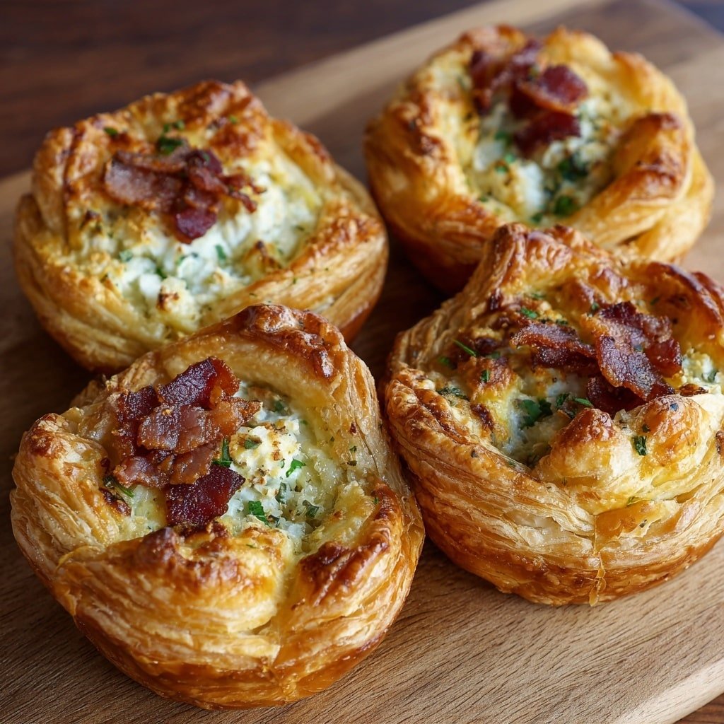 Four flaky, golden brown croissant pastries are placed closely on a wooden board. Each croissant has multiple visible layers with a crisp outer texture and a soft, airy inside. Nestled in the center of each is a creamy white cheese filling speckled with small dark bits, and atop this filling rests a strip of cooked bacon with a shiny, slightly crispy surface. The croissants shine with a slight glaze, showing the buttery layers clearly. The background is a white marbled texture. photo taken with an iphone --ar 1:1 --v 7 — Bacon and Cheese Puff Pastry Twists, savory puff pastry snacks, cheesy bacon appetizer, easy puff pastry recipes, baked puff pastry twists