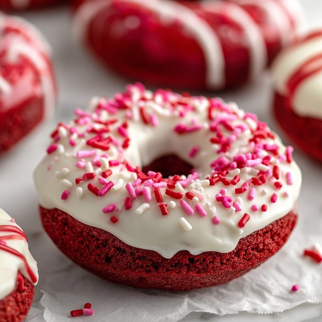 A red donut with one thick bottom layer in deep red color, topped with a smooth white icing layer covering the top fully, decorated with thin red drizzle lines and scattered small red, pink, and white heart-shaped sprinkles, placed on a piece of parchment paper on a white marbled surface. Behind it, more red donuts with a similar thick red cake base and smooth white icing are seen on a black wire rack, also decorated with small red and pink sprinkles. A red and white striped cloth is partially visible in the background. Photo taken with an iphone --ar 1:1 --v 7 — Red Velvet Donuts with Cream Cheese Frosting, homemade red velvet donuts, baked red velvet donuts, easy donut recipes, creamy frosting donuts