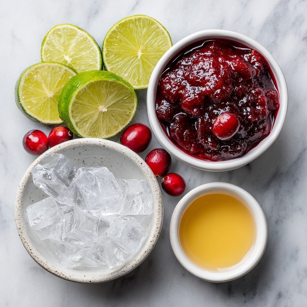 Flat lay of a small white ceramic bowl filled with deep red cranberry juice, a tiny white bowl containing clear vanilla extract, a simple white ceramic bowl of sparkling clear soda water bubbles, a handful of translucent ice cubes arranged neatly on the side, fresh bright red cranberries and bright green lime slices artfully placed together, all balanced symmetrically and naturally placed on a clean white marble surface, soft natural light, photo taken with an iPhone, professional food photography style, fresh ingredients, white ceramic bowls, no bottles, no duplicates, no utensils, no packaging --ar 1:1 --v 7 --p m7354639359234015250 — Cranberry Vanilla Mocktail, festive mocktail recipes, holiday non-alcoholic drinks, easy mocktail ideas, cranberry vanilla drink
