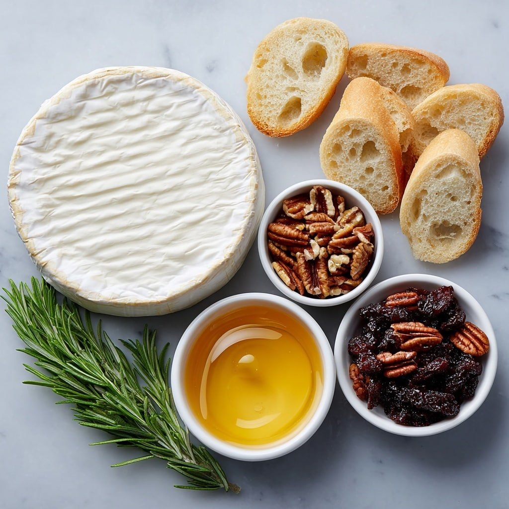 Honey Fig Pecan Baked Brie Recipe - Ingredients Image — Honey Fig Pecan Baked Brie, baked brie appetizer with figs and pecans, easy baked cheese recipe, holiday cheese board ideas, elegant appetizer recipes