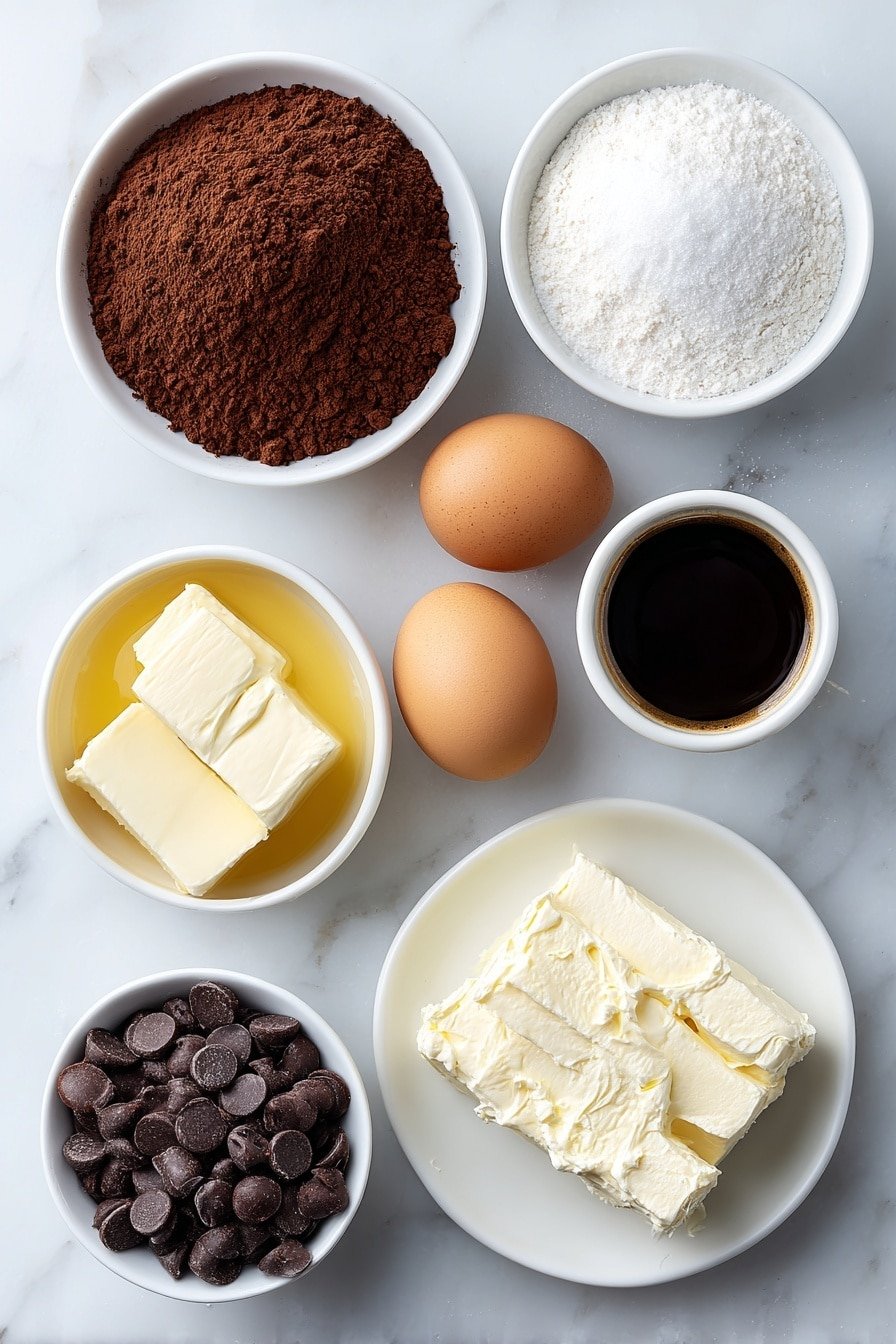 Flat lay of a small mound of unsweetened cocoa powder, a small bowl of granulated sugar, a small bowl of all-purpose flour, three whole uncracked brown eggs, a small bowl of melted unsalted butter, a small portion of creamy mascarpone cheese on a white ceramic plate, a small bowl of brewed espresso, a tiny white bowl with clear vanilla extract, and a small white bowl filled with dark chocolate chips, all arranged in perfect symmetry, placed on a clean white marble surface, soft natural light, photo taken with an iPhone, professional food photography style, fresh ingredients, white ceramic bowls, no bottles, no duplicates, no utensils, no packaging --ar 2:3 --v 7 --p m7354639359234015250 — Tiramisu Brownies with Espresso and Mascarpone, chocolate espresso brownie recipe, mascarpone tiramisu dessert, easy tiramisu brownies, coffee-flavored brownie treat
