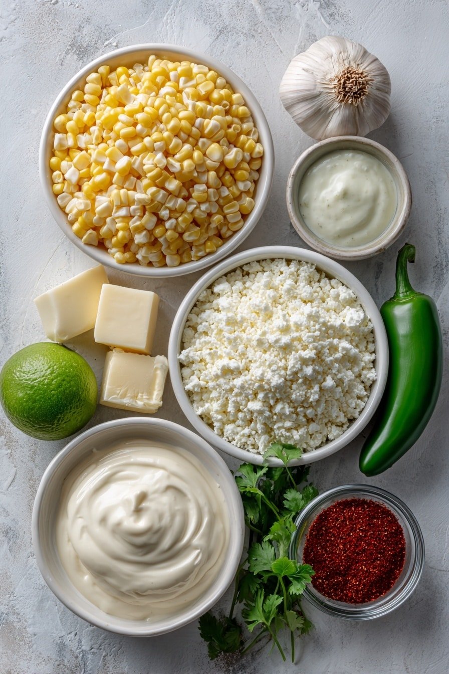 Flat lay of a small pile of fresh bright yellow corn kernels, a few thin pats of creamy pale butter, a small white ceramic bowl filled with thick white mayonnaise, another small white bowl with smooth off-white Mexican crema, a neat mound of crumbled white Cotija cheese, one whole peeled garlic clove, a whole fresh green jalapeño, a small white bowl holding pale green freshly squeezed lime juice, a small white bowl with vibrant red chili powder, a few sprigs of bright green chopped cilantro, and one halved lime with glossy green skin, all arranged symmetrically on a clean white ceramic surface, placed on a clean white marble surface, soft natural light, photo taken with an iPhone, professional food photography style, fresh ingredients, white ceramic bowls, no bottles, no duplicates, no utensils, no packaging --ar 2:3 --v 7 --p m7354639359234015250 — Creamy Mexican Street Corn Esquites, Mexican street corn, creamy corn side dish, easy Mexican corn recipes, flavorful esquites snack