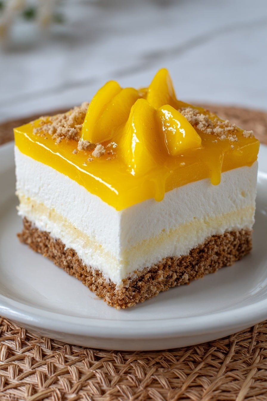 A square-shaped dessert with four visible layers sits on a white plate with blue patterns, placed on a white marbled textured surface. The bottom layer is a crumbly, light brown crust. Above that is a thick white creamy layer, followed by a bright yellow mango jelly-like layer. The third layer is another thick white creamy layer, topped with chunks of glossy yellow mango pieces. The top cream layer is sprinkled with light brown crumbs and powdered sugar. There are drops of mango sauce around the base of the dessert on the plate. photo taken with an iphone --ar 2:3 --v 7 — Filipino Mango Float Dessert, Mango Float dessert recipe, no-bake Filipino dessert, tropical mango dessert, Filipino mango float