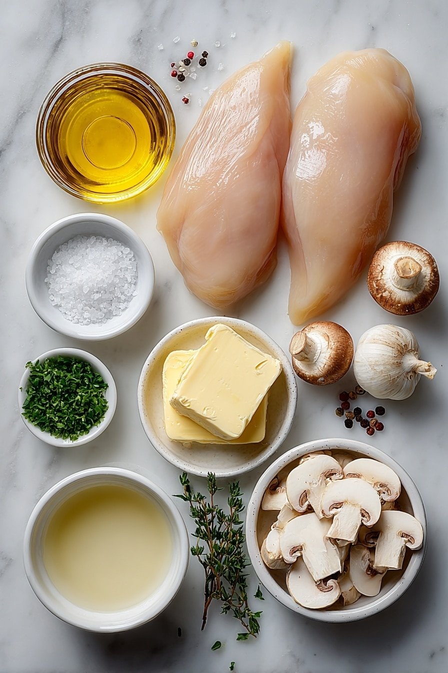 Creamy Mushroom Chicken Skillet Recipe - Ingredients Image — Creamy Mushroom Chicken Skillet, creamy chicken and mushroom dish, easy chicken skillet recipe, comforting chicken dinner, one-pan chicken recipe