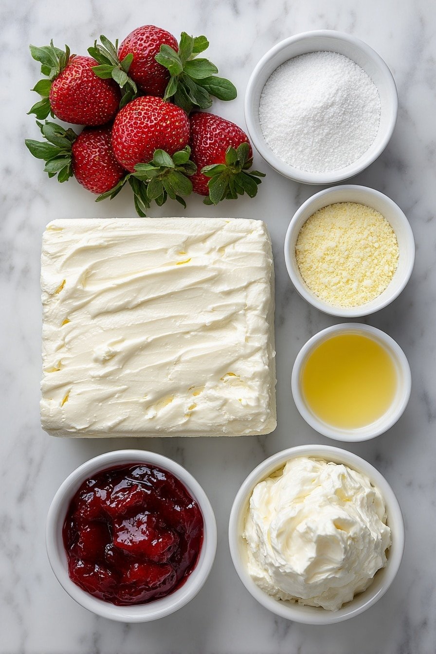 Strawberry Cheesecake Dump Cake Recipe - Ingredients Image — Strawberry Cheesecake Dump Cake, easy strawberry dessert, no-bake cheesecake cake, fruit dump cake recipe, crowd-pleasing strawberry dessert