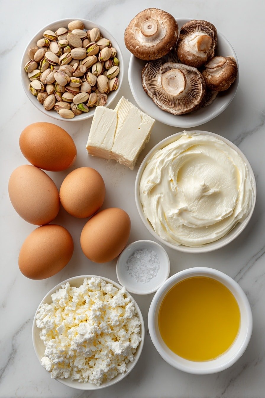 Pistachio Mushroom Cheesecake Recipe - Ingredients Image — Pistachio Mushroom Cheesecake, savory cheesecake with mushrooms, pistachio crust recipe, mushroom and feta cheesecake, gourmet savory cheesecake
