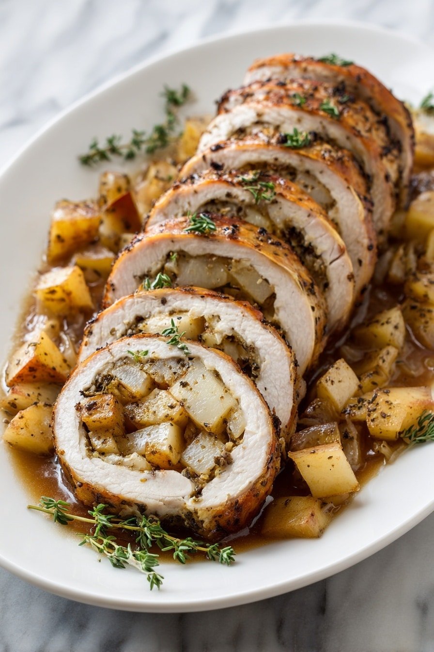 Stuffed Beef Tenderloin with Apple Bourbon Gravy Recipe - Article Image 1 — Stuffed Beef Tenderloin with Apple Bourbon Gravy, beef tenderloin stuffed with apple and herb filling, easy elegant dinner recipes, holiday beef main dish, flavorful beef tenderloin recipe