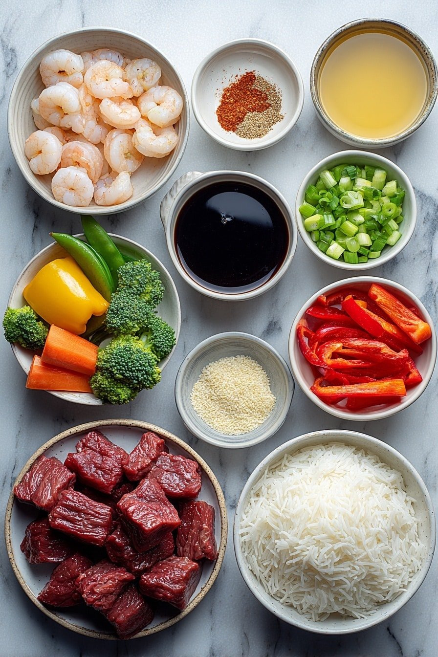 Steak and Shrimp Stir Fry Recipe - Ingredients Image — Steak and Shrimp Stir Fry, stir fry with steak and shrimp, quick stir fry recipes, easy surf and turf stir fry, flavorful stir fry dinner