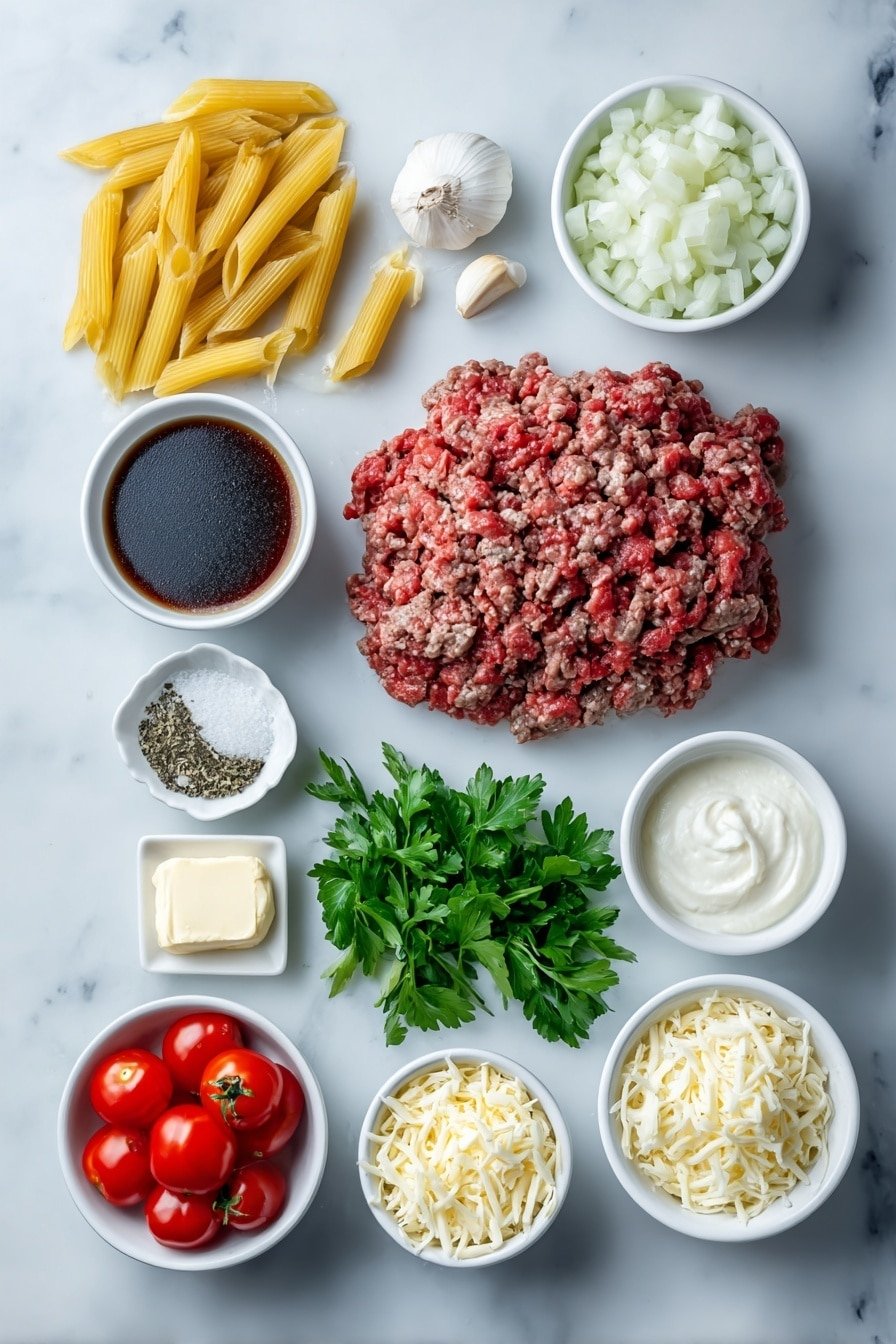 Creamy Cheeseburger Alfredo Pasta Recipe - Ingredients Image — Creamy Cheeseburger Alfredo Pasta, cheeseburger pasta recipe, creamy pasta with ground beef, quick cheesy pasta dinner, comforting weeknight pasta