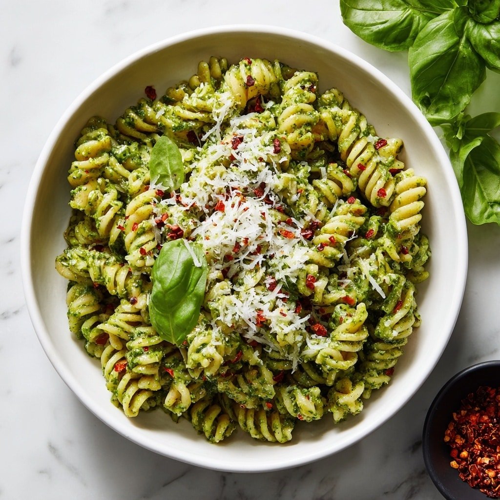 A white bowl filled with green pesto spaghetti showing thick, creamy pesto sauce coating every noodle, topped with a pile of finely grated white cheese in the center and sprinkled with small red chili flakes on top. The bowl sits on a white marbled surface with coarse grains of salt scattered around, and there are fresh green basil leaves near the bottom edges. Nearby, a small round white bowl contains red chili flakes, while another small white bowl holds grated cheese with a basil leaf on top. Photo taken with an iphone --ar 1:1 --v 7 — Spicy Pesto Cascatelli, spicy pesto pasta, Cascatelli pasta recipe, easy spicy pesto dish, flavorful pasta dinner