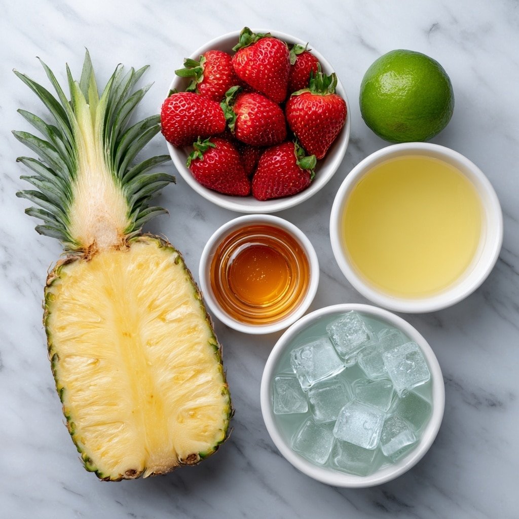 Flat lay of fresh pineapple chunks, hulled fresh strawberries, a small white bowl of golden honey, a small white bowl of bright yellow pineapple juice, a small white bowl of clear cold water, a whole fresh lime cut in half, a small white bowl filled with clear ice cubes, all arranged symmetrically on simple white ceramic dishes and bowls, placed on a clean white marble surface, soft natural light, photo taken with an iPhone, professional food photography style, fresh ingredients, white ceramic bowls, no bottles, no duplicates, no utensils, no packaging --ar 1:1 --v 7 --p m7354639359234015250 — Pineapple Strawberry Swirl Slushies, Pineapple strawberry smoothie, tropical fruit slushies, refreshing summer drinks, easy slushie recipes