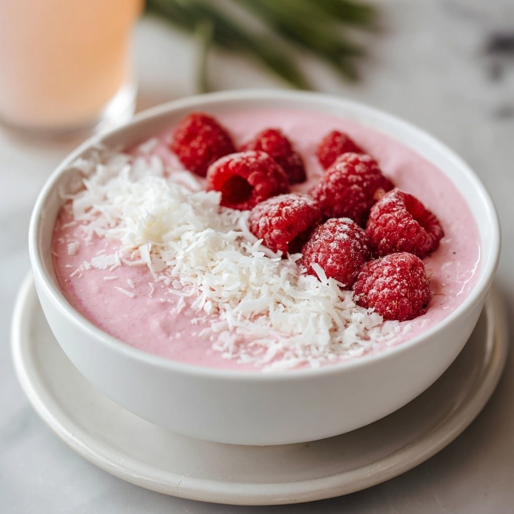 A white bowl filled with a thick, pink smoothie layer topped with a neat row of bright red raspberries on one side and a line of white shredded coconut on the other. The bowl sits on a white plate, all placed on a white marbled surface. In the background, there is a glass of light pink liquid and some green leaves slightly out of focus. Photo taken with an iphone --ar 1:1 --v 7 — Raspberry Chia Pudding, healthy chia pudding, easy breakfast recipes, vegan Raspberry pudding, fruit chia dessert