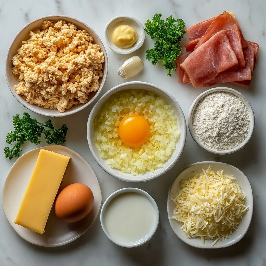 Flat lay of ground chicken in a simple white ceramic bowl, a whole uncracked brown egg, finely diced yellow onion in a small white bowl, three peeled garlic cloves, a small white bowl with Dijon mustard, finely grated parmesan cheese in a small white bowl, a few sprigs of fresh parsley, salt and black pepper in separate small white bowls, panko breadcrumbs in a small white bowl, slices of Black Forest ham neatly arranged on a white ceramic plate, slices of Swiss cheese on a white ceramic plate, a small white bowl with melted butter, a small white bowl of all-purpose flour, and a small white bowl of milk placed symmetrically; placed on a clean white marble surface, soft natural light, photo taken with an iPhone, professional food photography style, fresh ingredients, white ceramic bowls, no bottles, no duplicates, no utensils, no packaging --ar 1:1 --v 7 --p m7354639359234015250 — Chicken Cordon Bleu Meatloaf, Chicken Cordon Bleu inspired meatloaf, easy chicken cordon bleu meatloaf recipe, savory chicken meatloaf with ham and cheese, comforting chicken meatloaf dinner